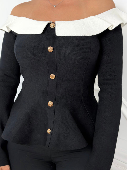 Monochrome Off-Shoulder Peplum Sweater
