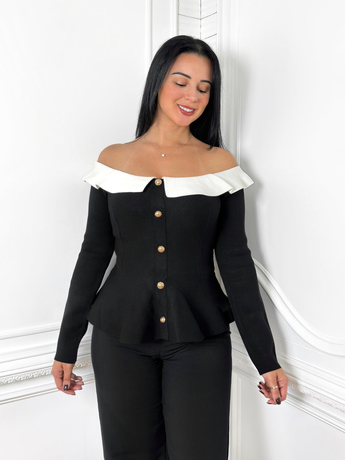 Monochrome Off-Shoulder Peplum Sweater