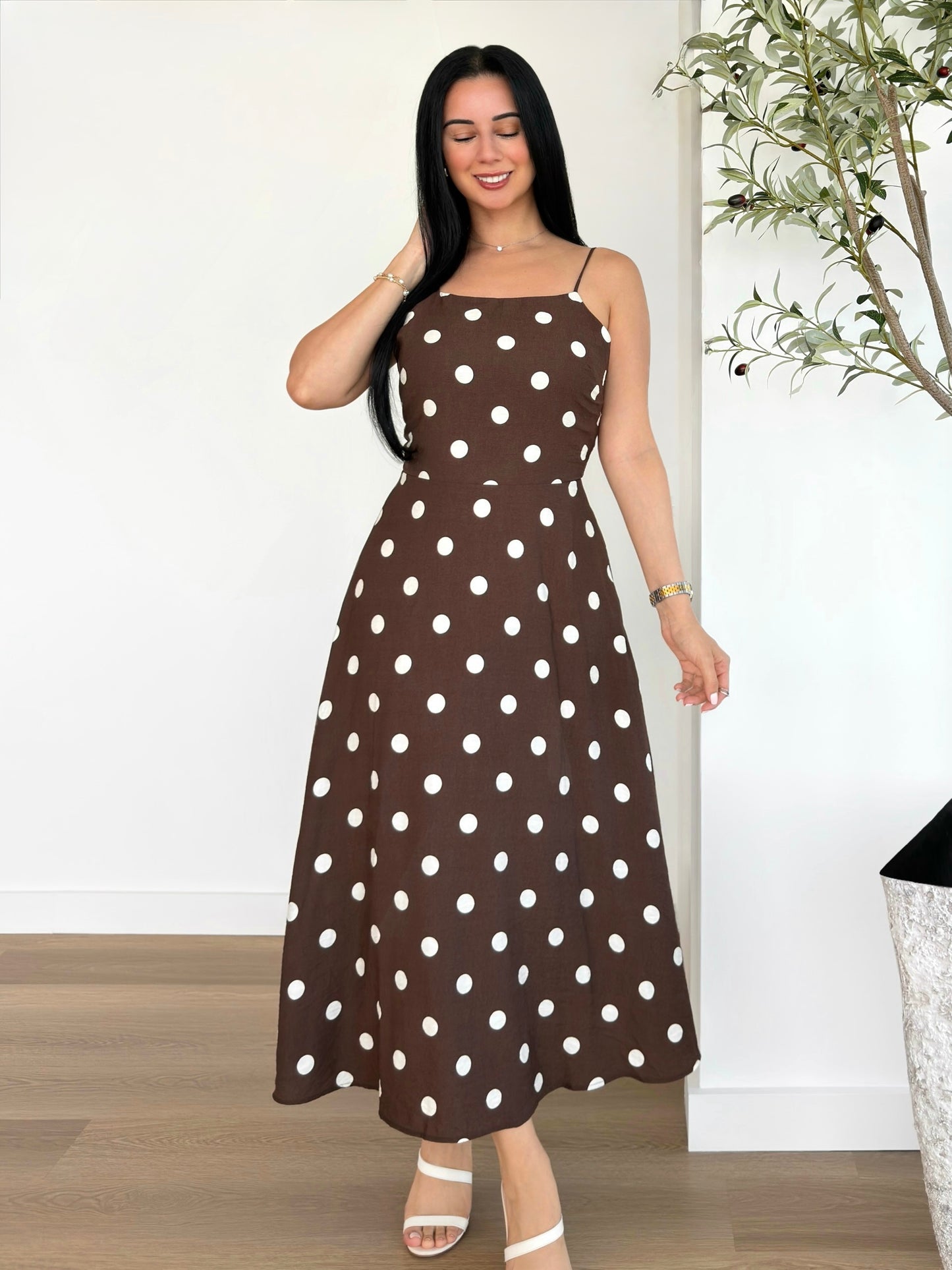 Mocha Polka Tie-Back Dress