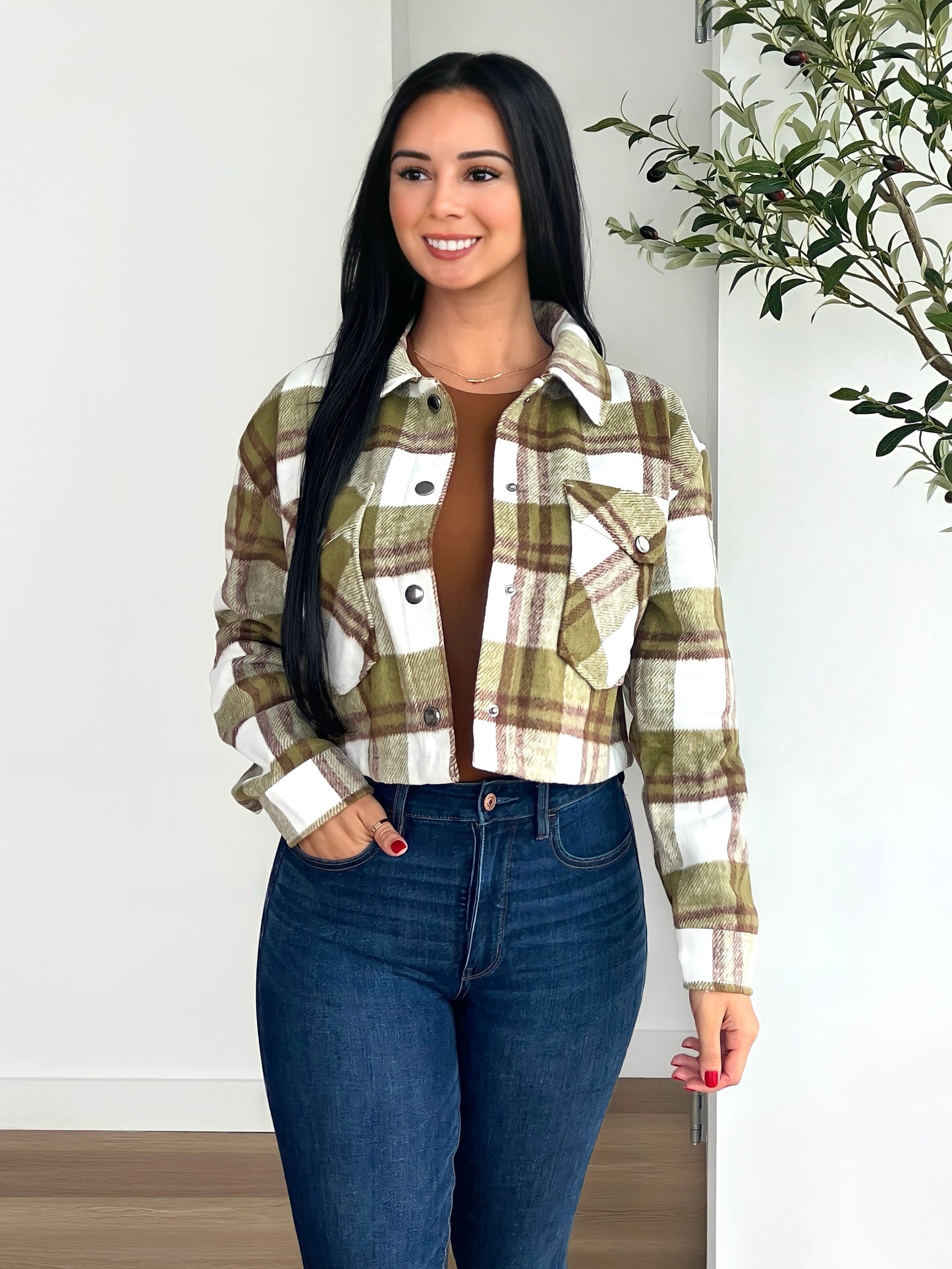 Olive Plaid Cropped Jacket