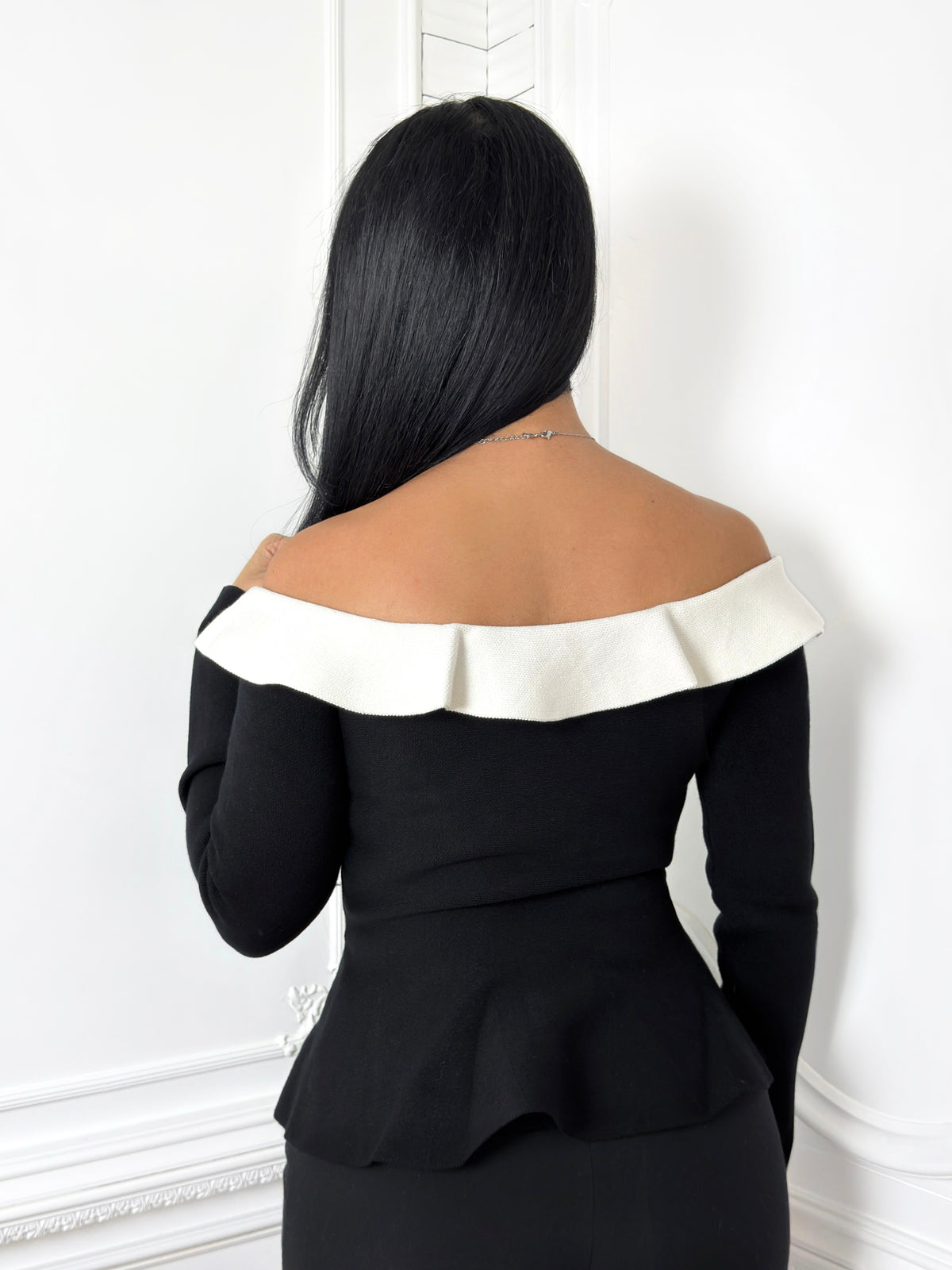 Monochrome Off-Shoulder Peplum Sweater