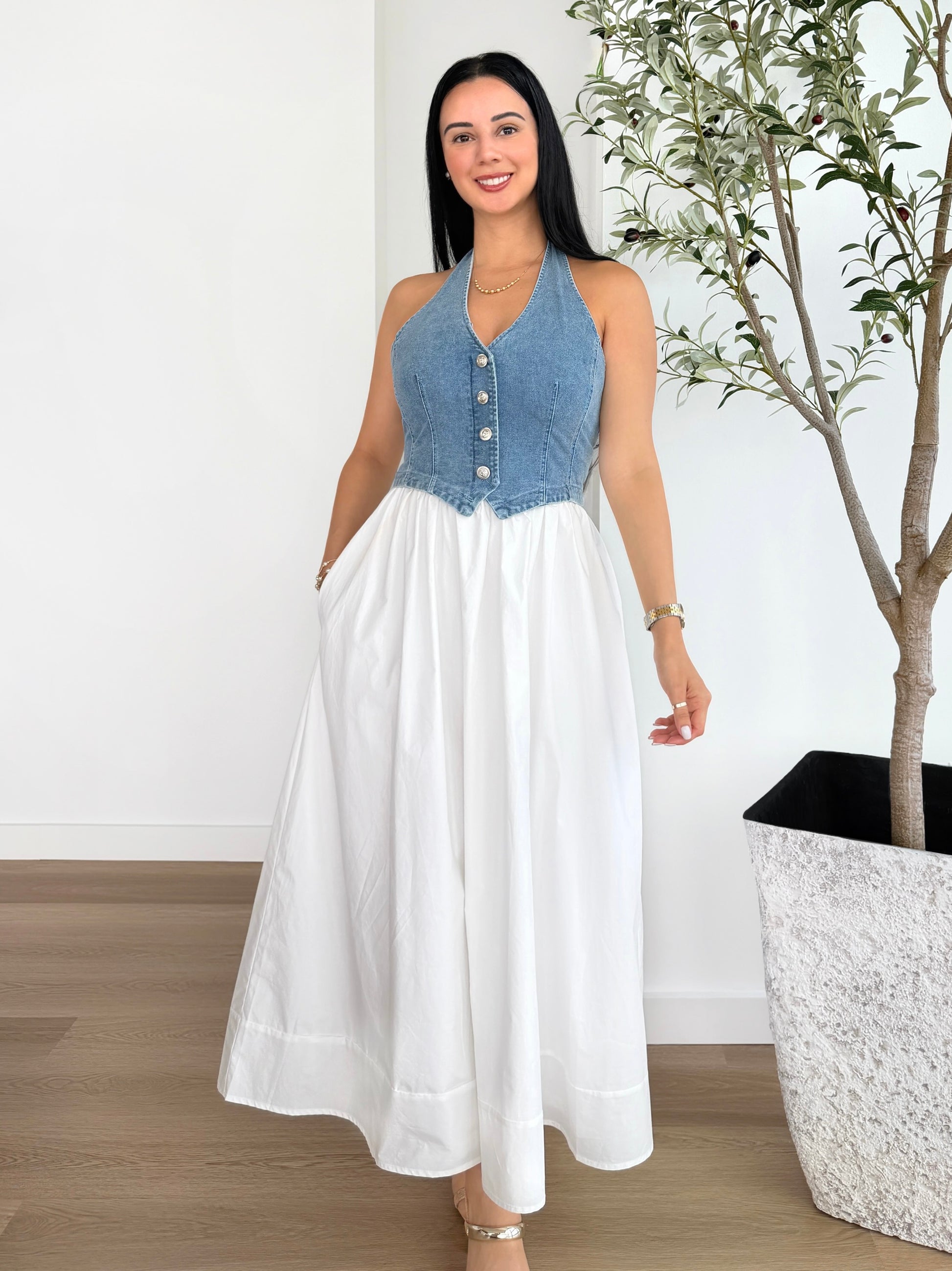 Women's denim halter maxi dress