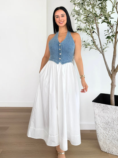 Women's denim halter maxi dress