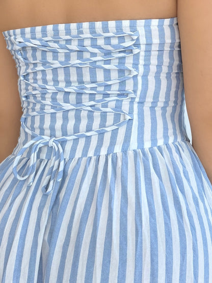 Blue striped strapless maxi dress