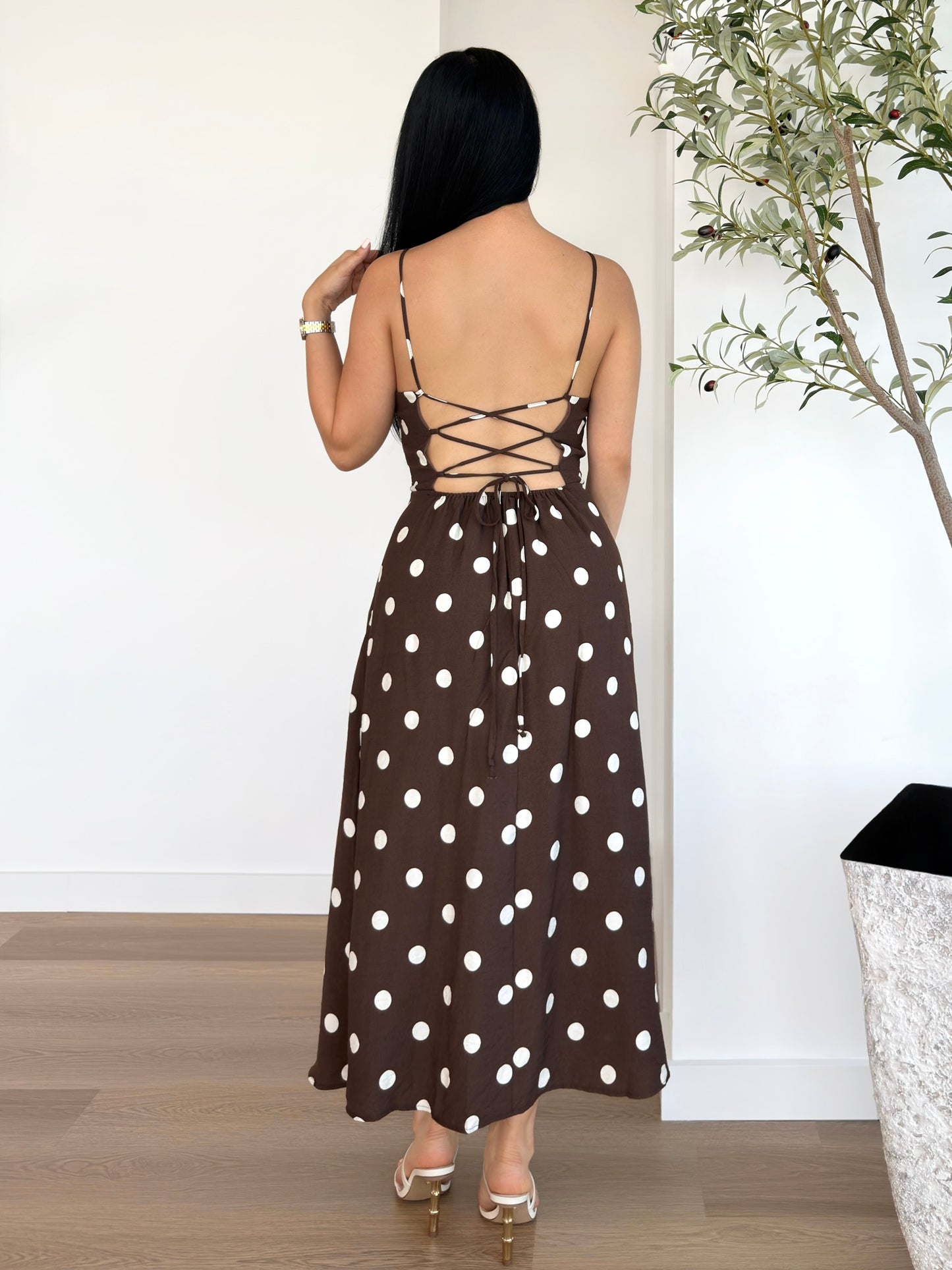 Mocha Polka Tie-Back Dress