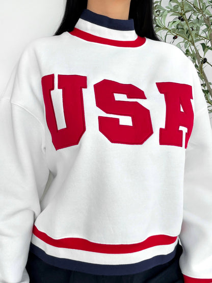 Cozy varsity USA sweatshirt casual everyday outfit
