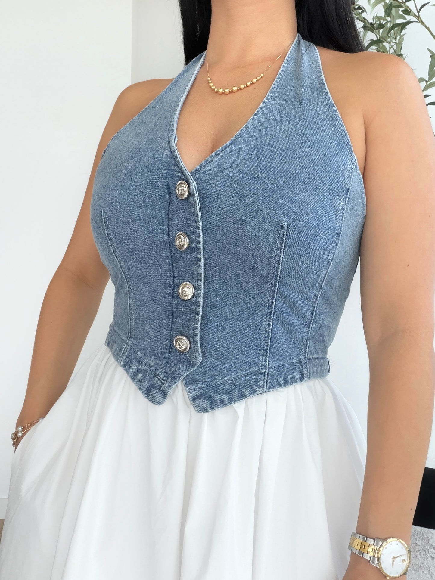 denim halter bodice maxi dress