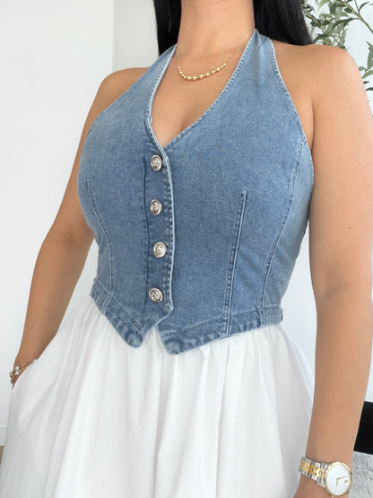 denim halter bodice maxi dress