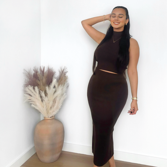 Ribbed High Neck Top & Skirt Set