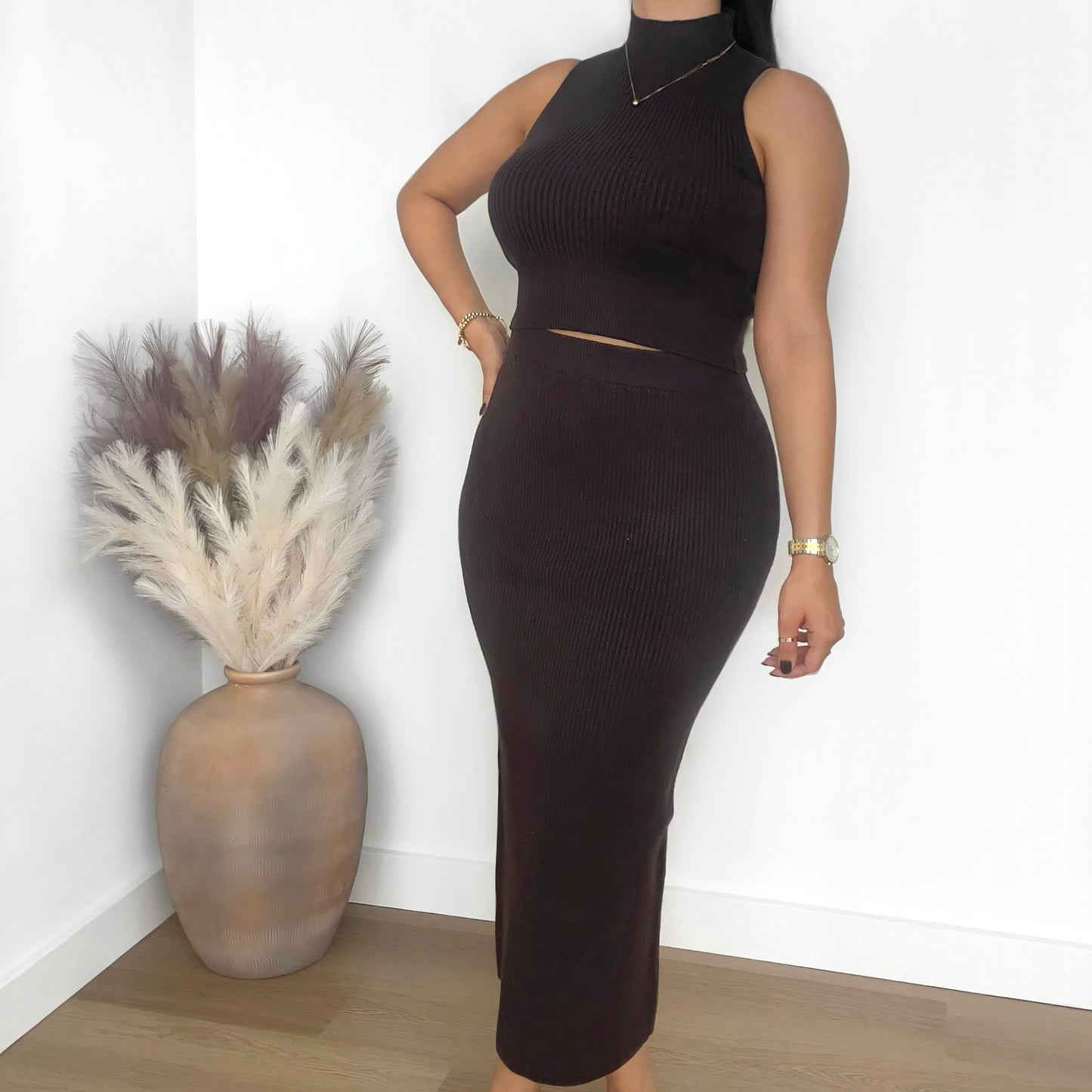 Ribbed High Neck Top & Skirt Set