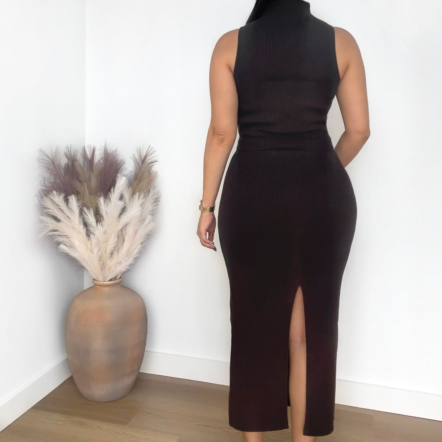 Ribbed High Neck Top & Skirt Set