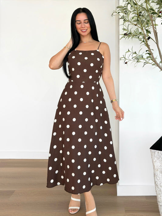 Brown polka dot dress with tie back detail